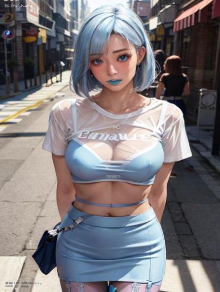 alone in the street, Navel Exposed, bright blue lipstickbright platinum hair AI Porn