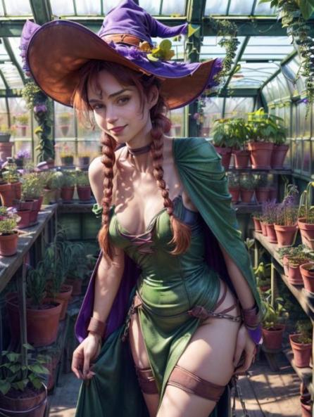 Witch, warm sunlight shines into her large greenhouse, skinny figure AI Porn