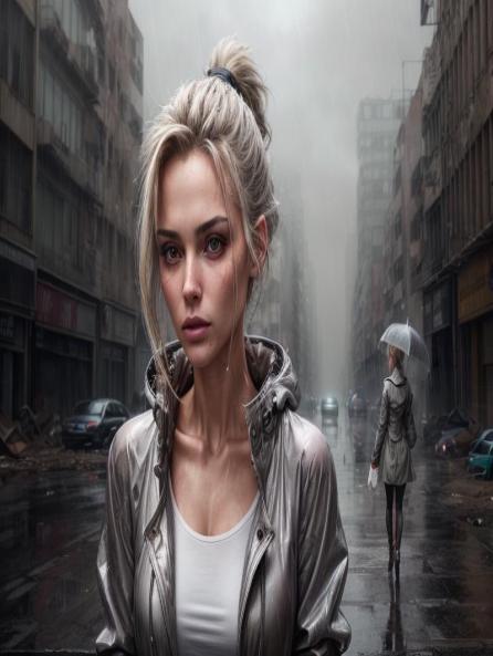 wasteland city, slim body, portrait photo of a woman in a grey raincoat AI Porn