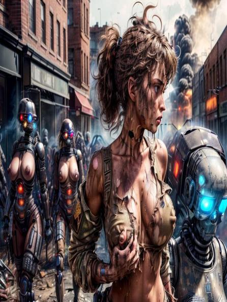 Hands on Hips, Cleavage, Terminators in the background AI Porn