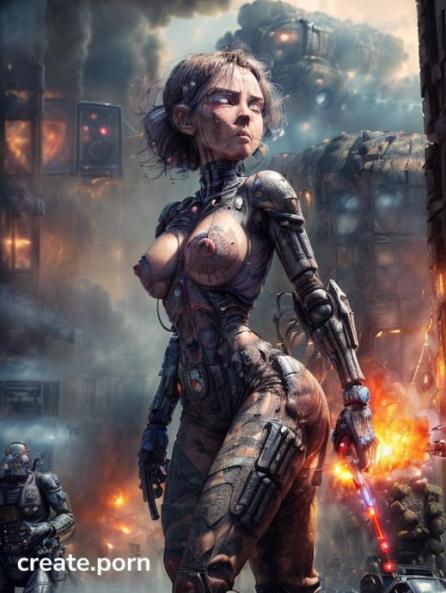 soldiers carrying guns with over sized armor, nipples almost exposed, hardly anything left of her sh