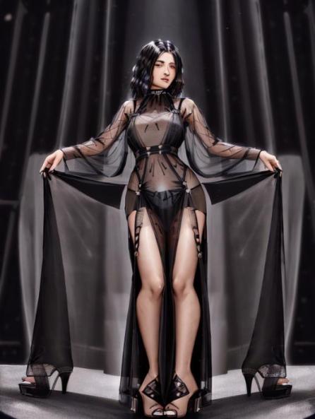 see-through, extremely detailed black outfit, high slit party long dress AI Porn