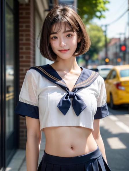 white and cropped loose-fitting sailor blouse short sleeves, Japanese, baby-face AI Porn